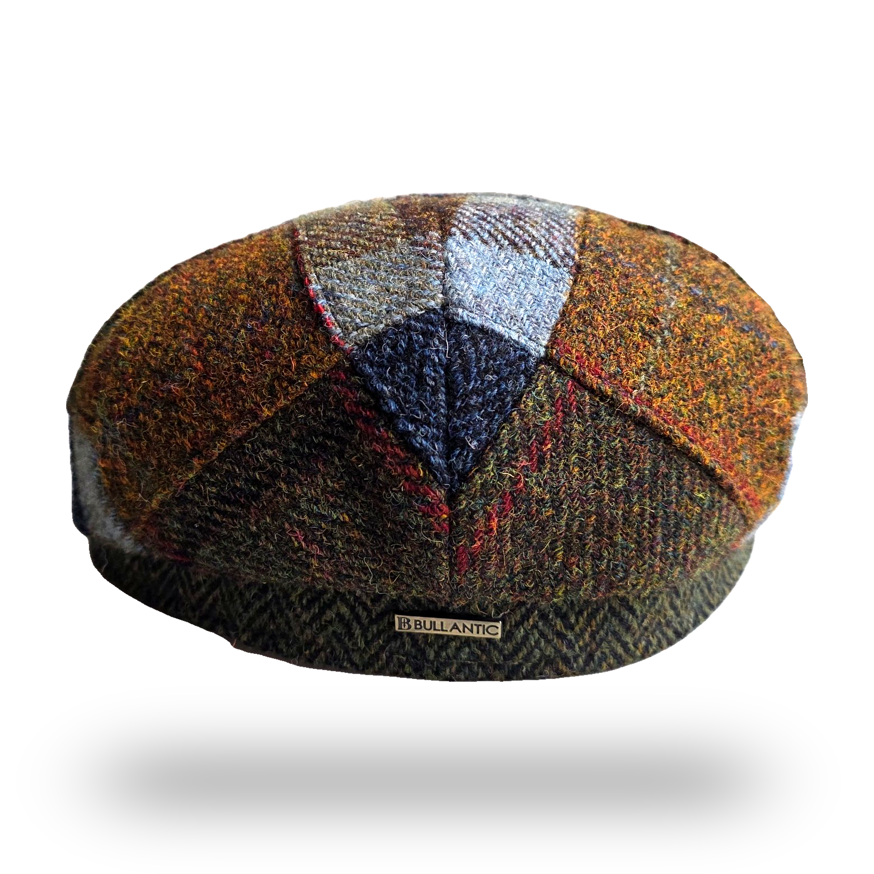 Patchwork tweed flat cap, back view with Bullantic bar badge