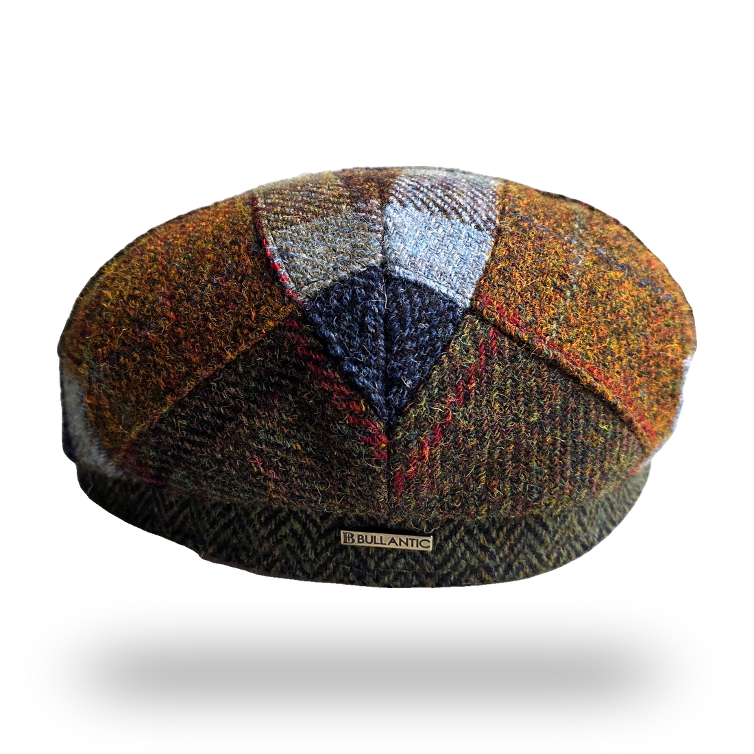 Patchwork tweed flat cap, back view with Bullantic bar badge
