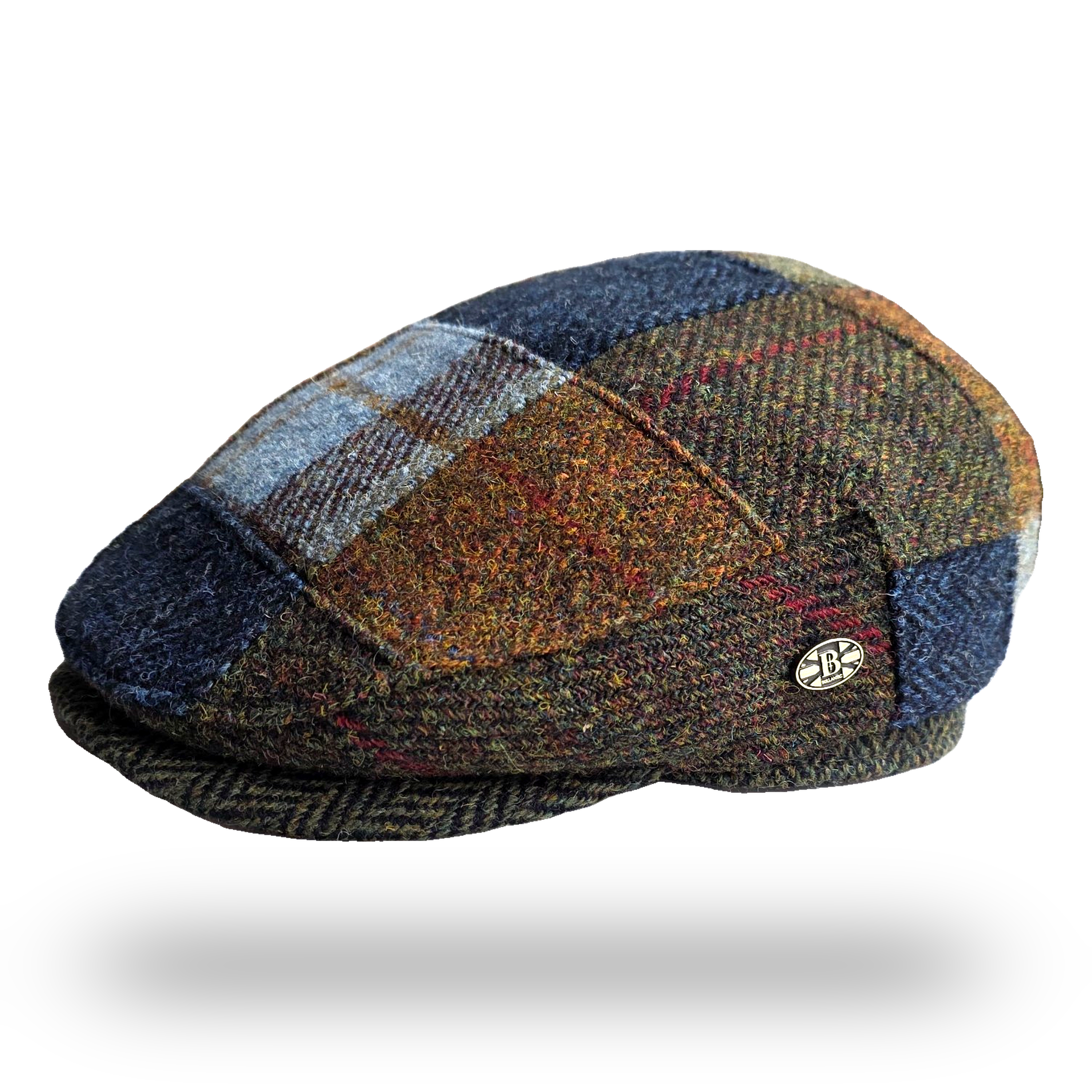 Bullantic patchwork tweed flat cap, side view with B badge