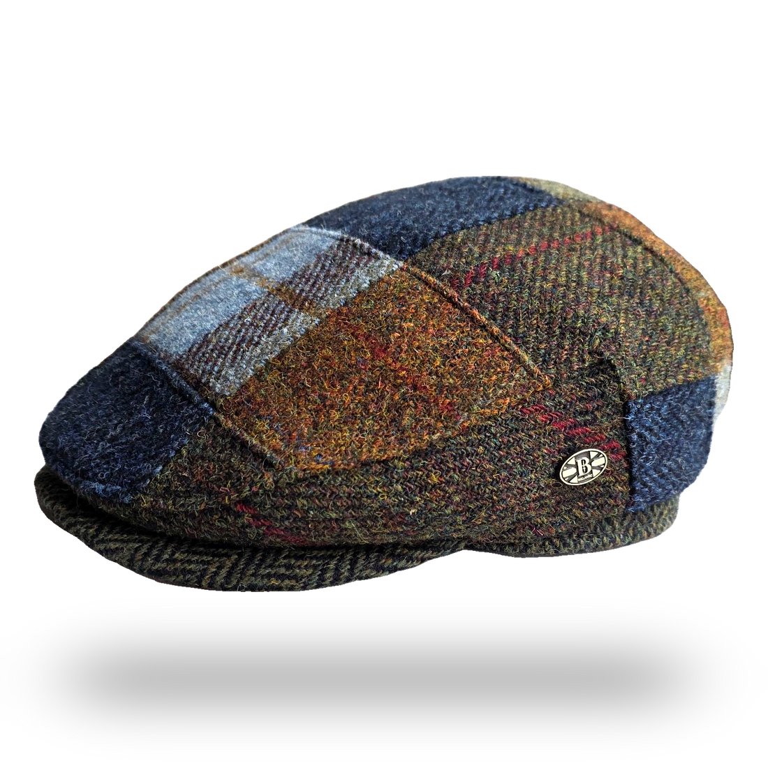 Bullantic patchwork tweed flat cap, side view with B badge