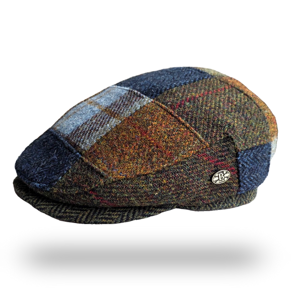 Bullantic patchwork tweed flat cap, side view with B badge