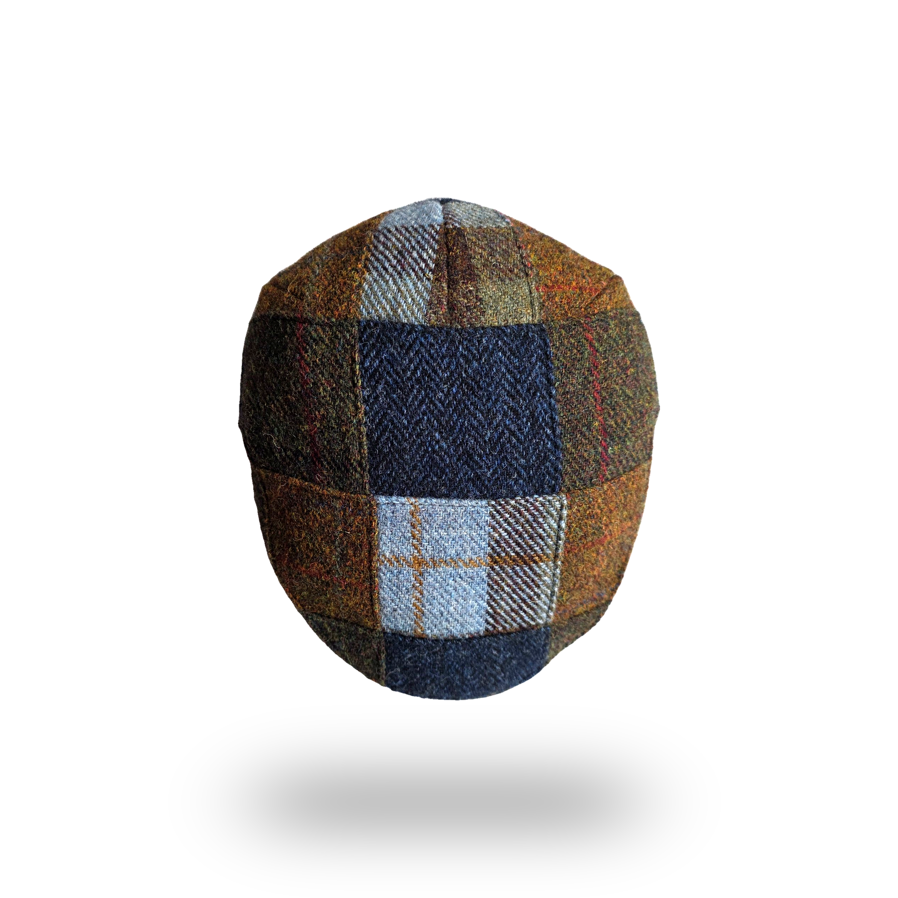 Patchwork tweed flat cap, top view of the patchwork panels