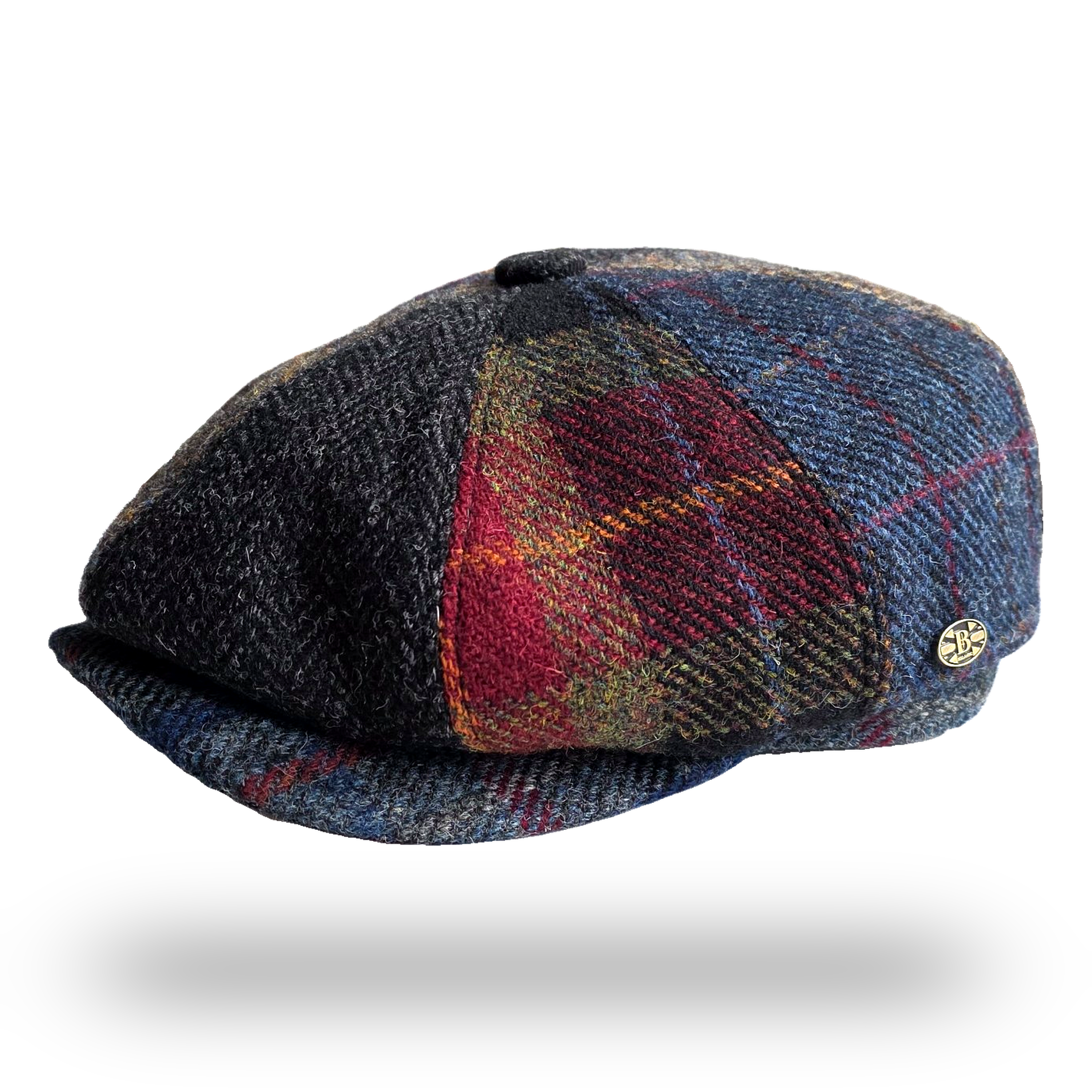 Bullantic patchwork tweed newsboy cap, side view with B badge