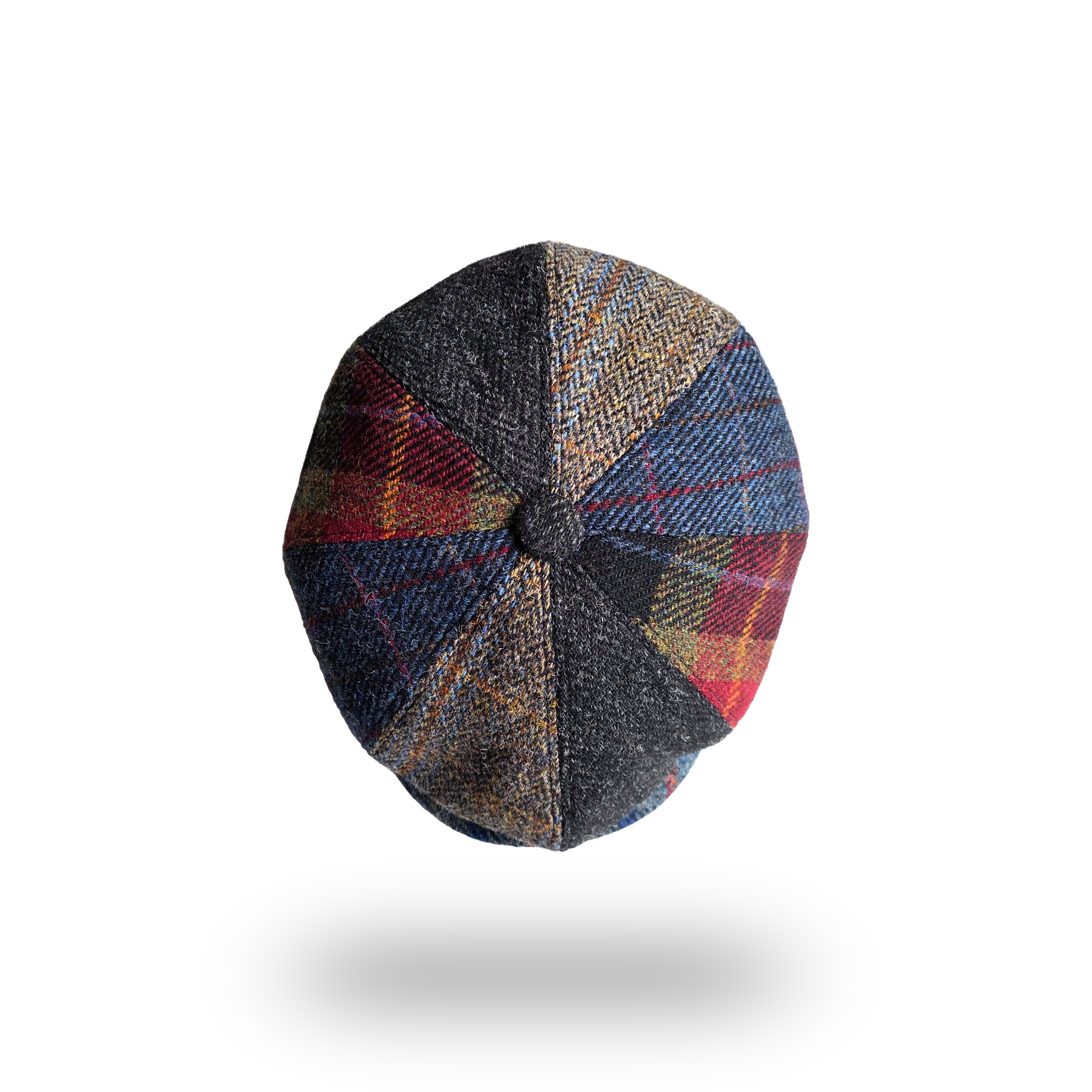 Patchwork tweed newsboy cap, top view showing eight panels and button