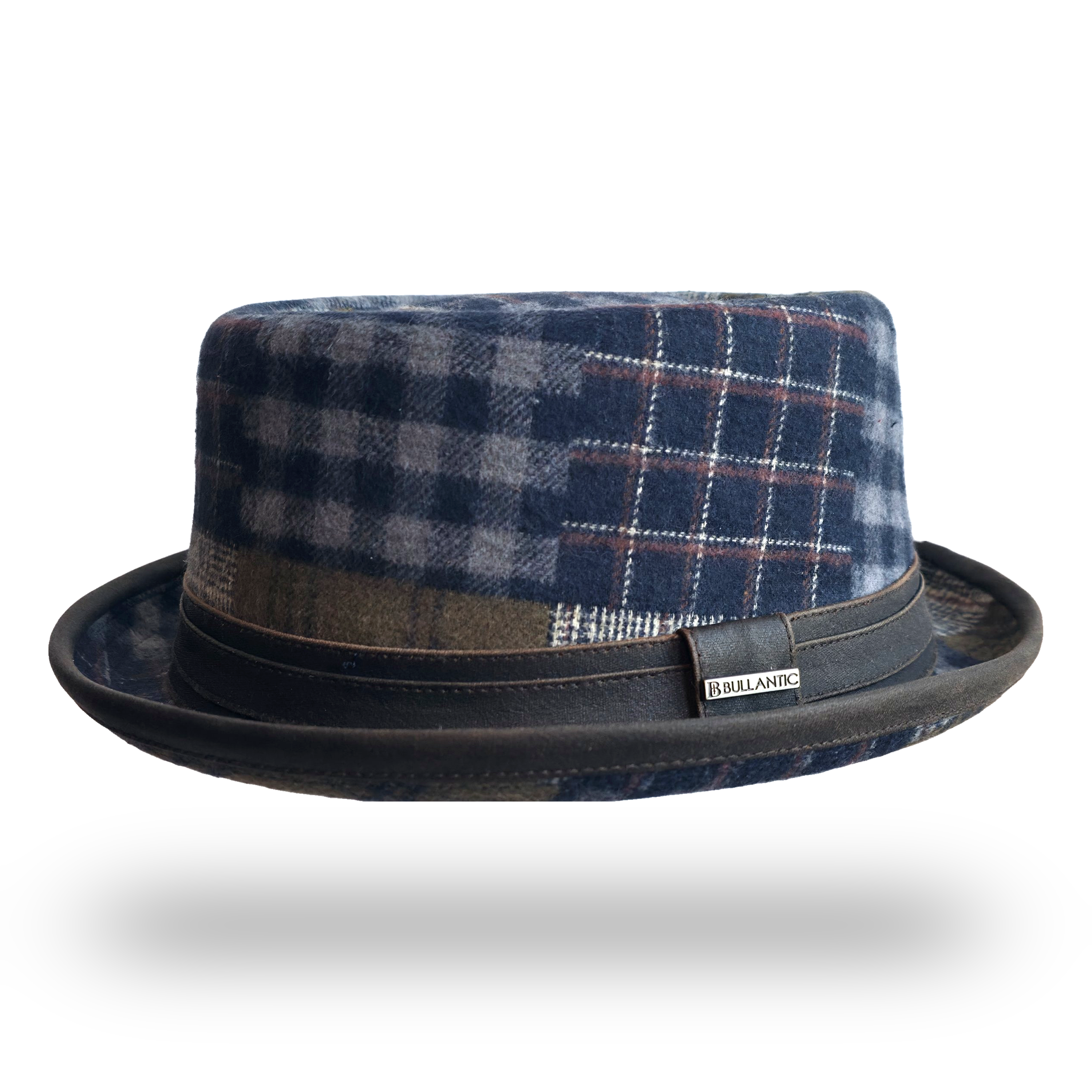 Patchwork check porkpie hat, front view with Bullantic badge