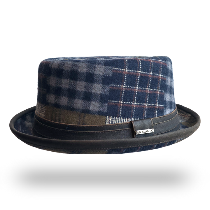 Patchwork check porkpie hat, front view with Bullantic badge