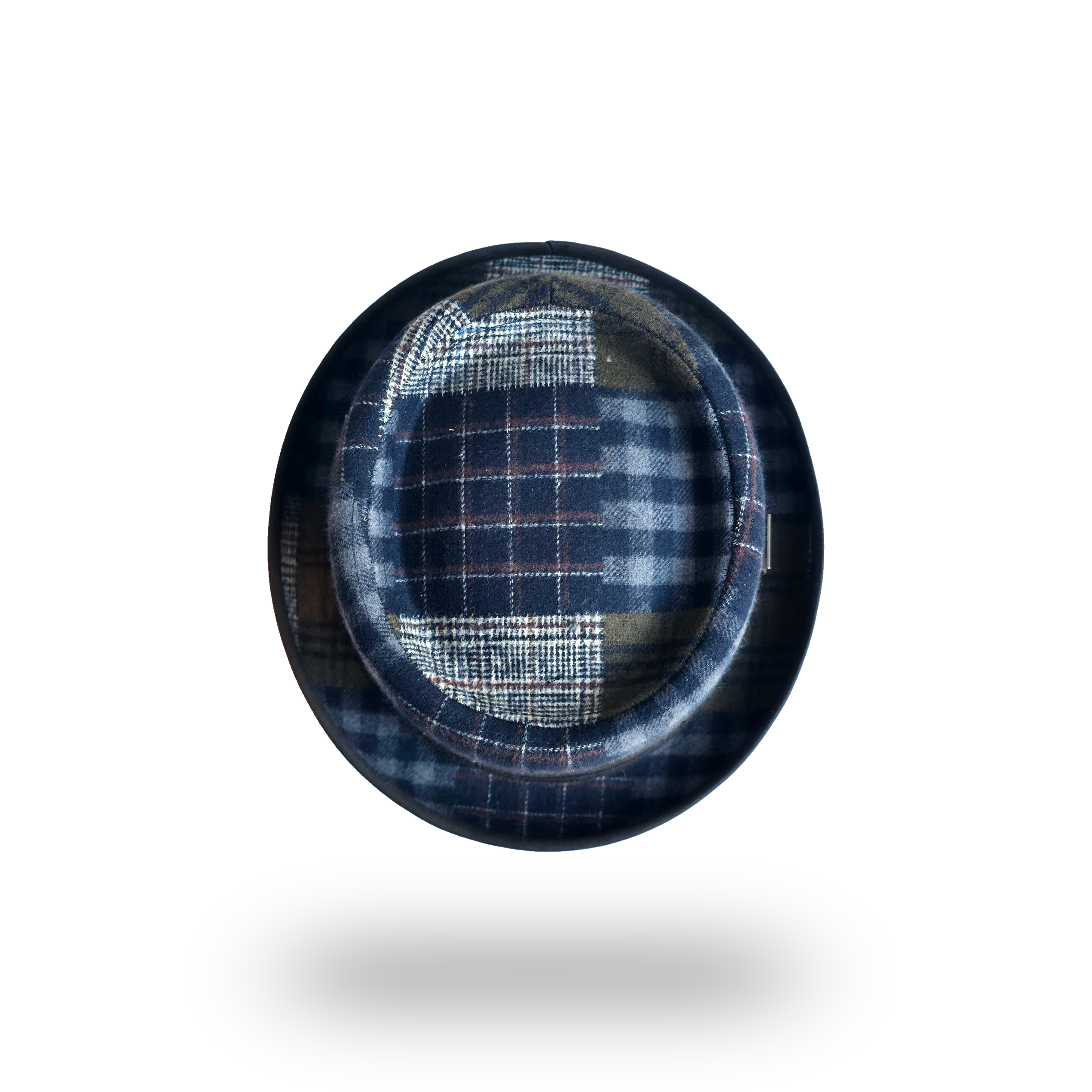 Patchwork check porkpie hat, top view of the crown