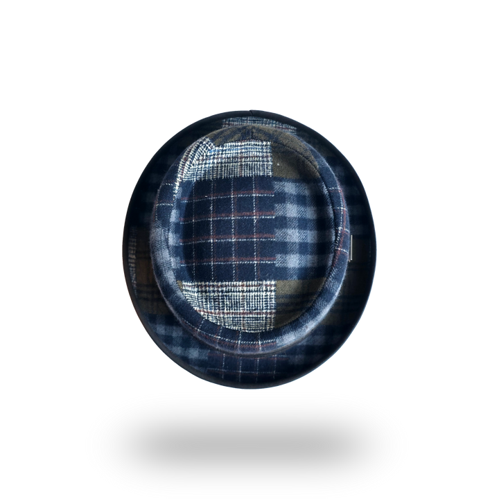Patchwork check porkpie hat, top view of the crown