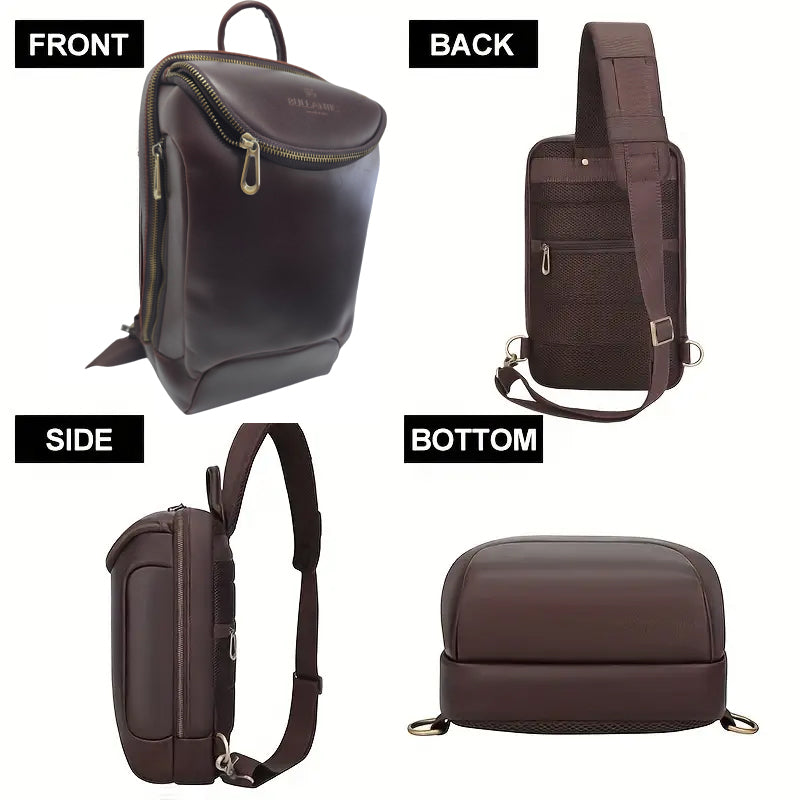 Leather Chest Bag for Men, Cowhide Crossbody with Large Capacity for 11" Tablet, Outdoor Sports Shoulder Bag