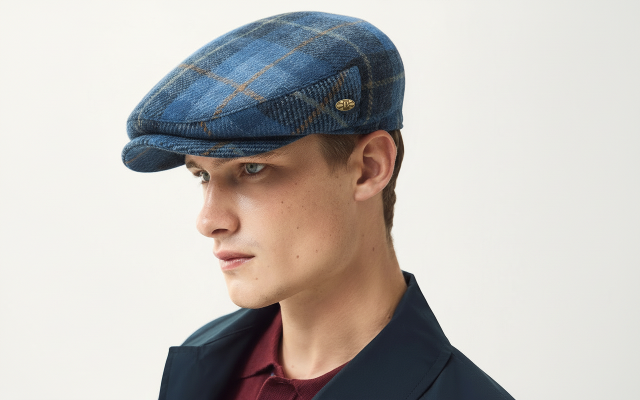 Light Blue Tartan Harris tweed Flat Cap